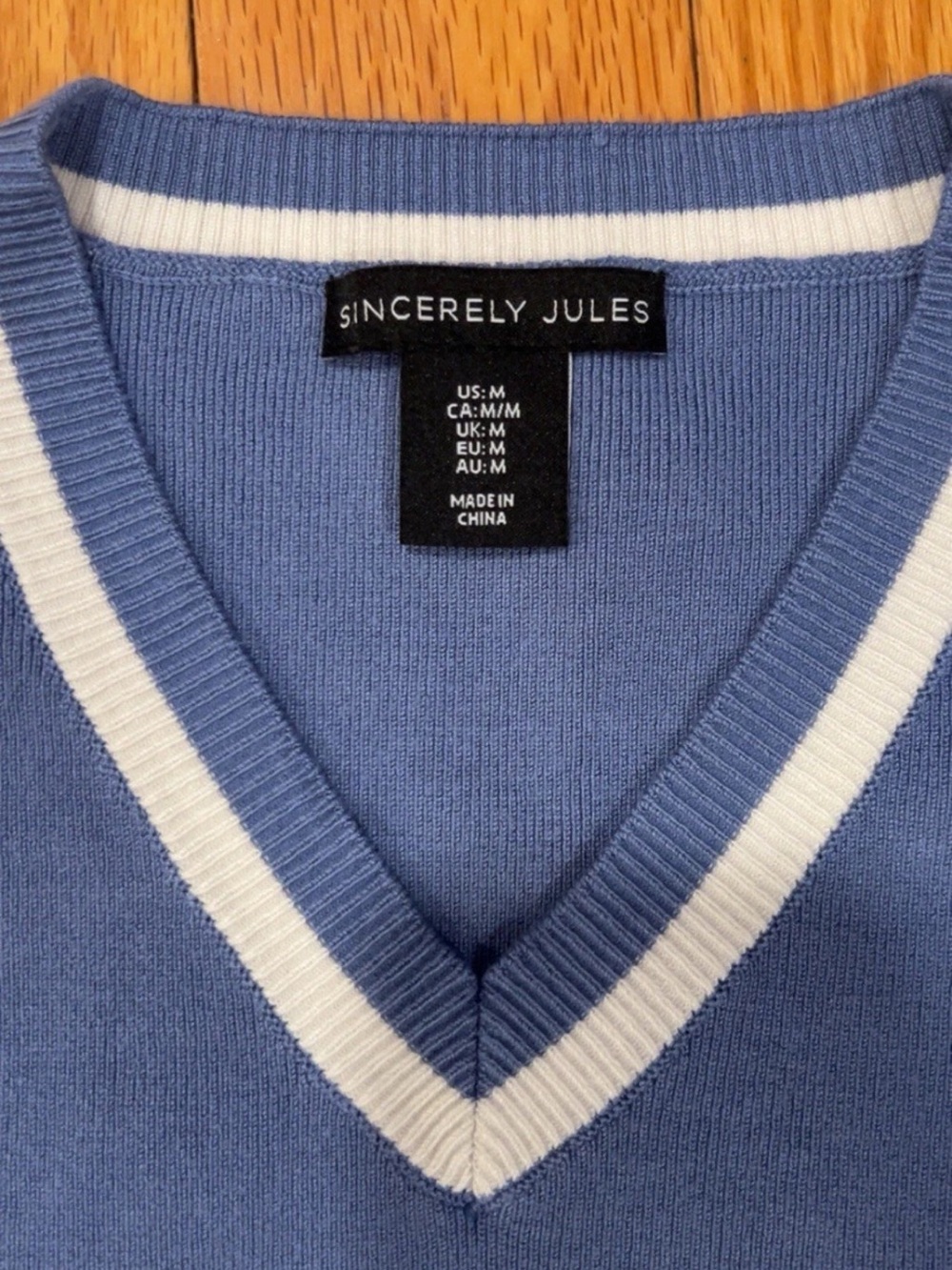 Sincerely Jules Periwinkle V-Neck Knit Top with White Stripe - Picture 2 of 4